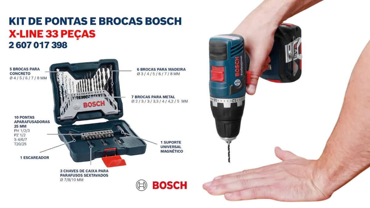 Destaques técnicos Bosch Kit de Pontas e Brocas X-Line 33 peças
