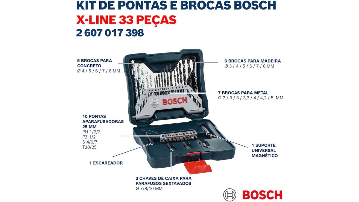 Detalhes internos Bosch Kit de Pontas e Brocas X-Line 33 peças