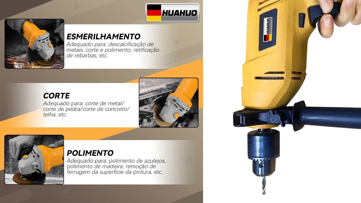 Detalhes da empunhadura e gatilho das ferramentas do conjunto